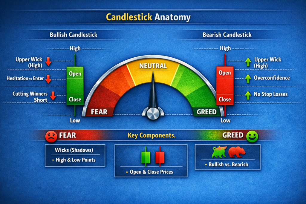 Infographic showing bullish and bearish candlestick anatomy to understand how to read forex charts for beginners.
