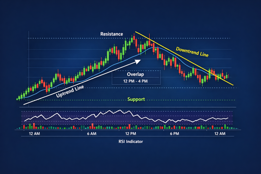 forex trading explained: Candlestick chart showing uptrend, downtrend, support, resistance, and RSI indicator in forex trading.