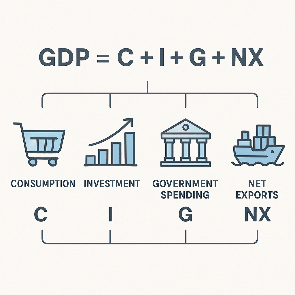Diagram showing the four components of GDP: consumption, investment, government spending, and net exports.