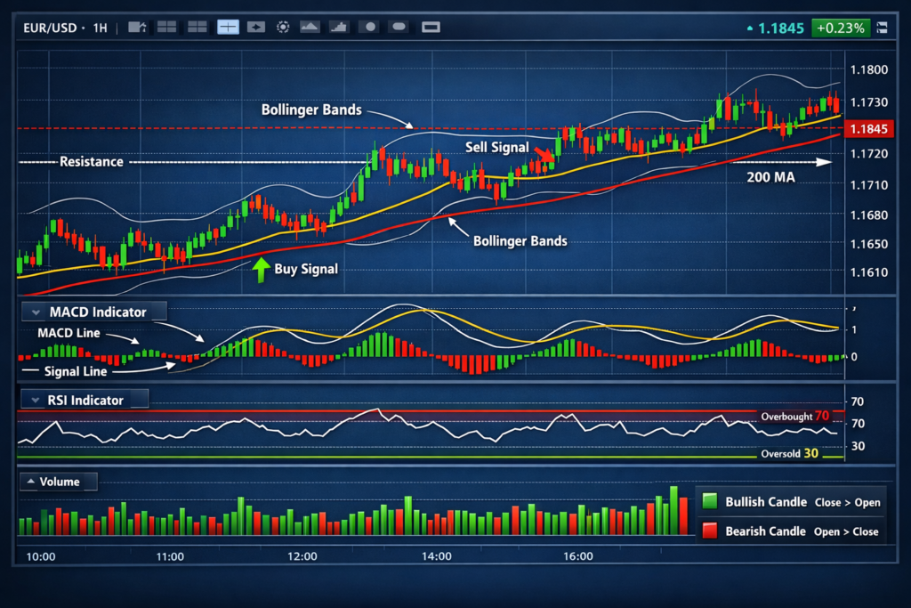 Comparison chart showing MACD and RSI indicators showing best technical indicators for forex trading.