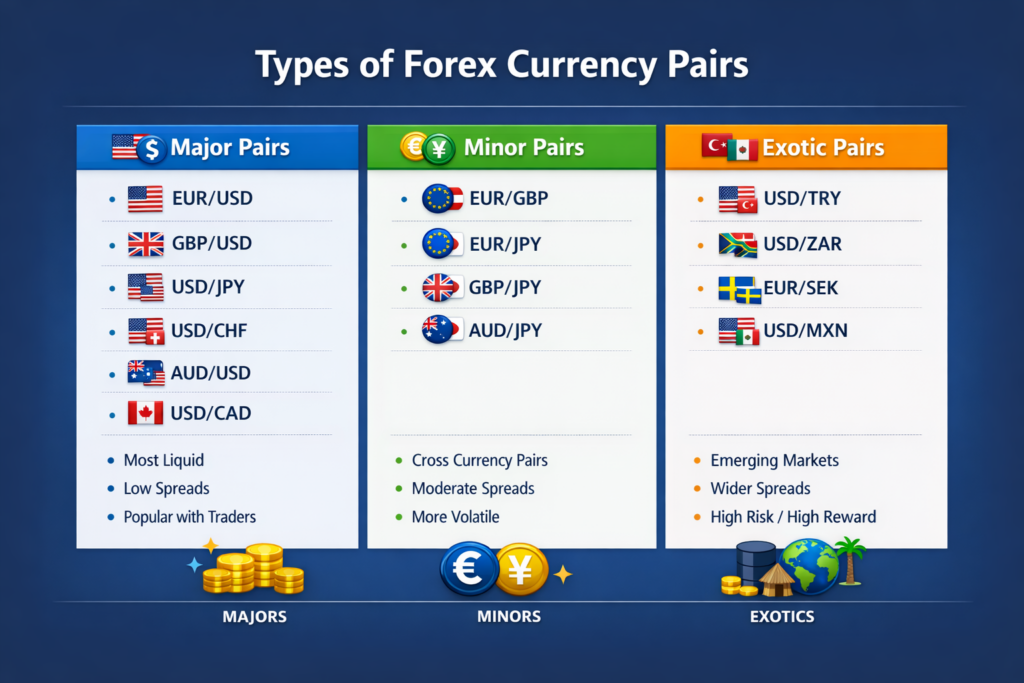 The Top Currency Pairs in Forex Trading Explained 2 Infographic showing top forex currency pairs in forex trading explained with groups into major, minor, and exotic categories with flags and traits.