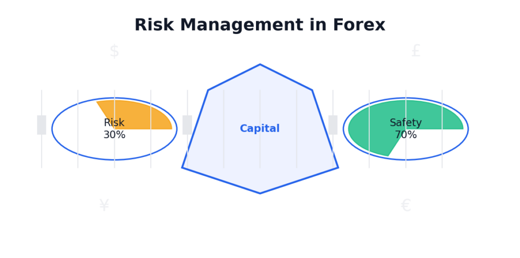 Diagram explaining risk management in Forex, showing capital protection, risk percentage, and safety allocation.