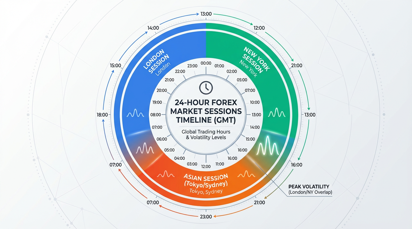 Forex Market Sessions - London, New York, and Asian trading sessions with overlap periods