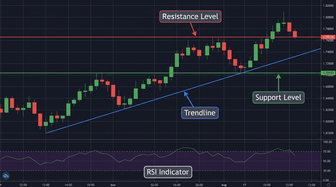 Technical Analysis Basics - Candlestick chart with support, resistance, trendlines and RSI