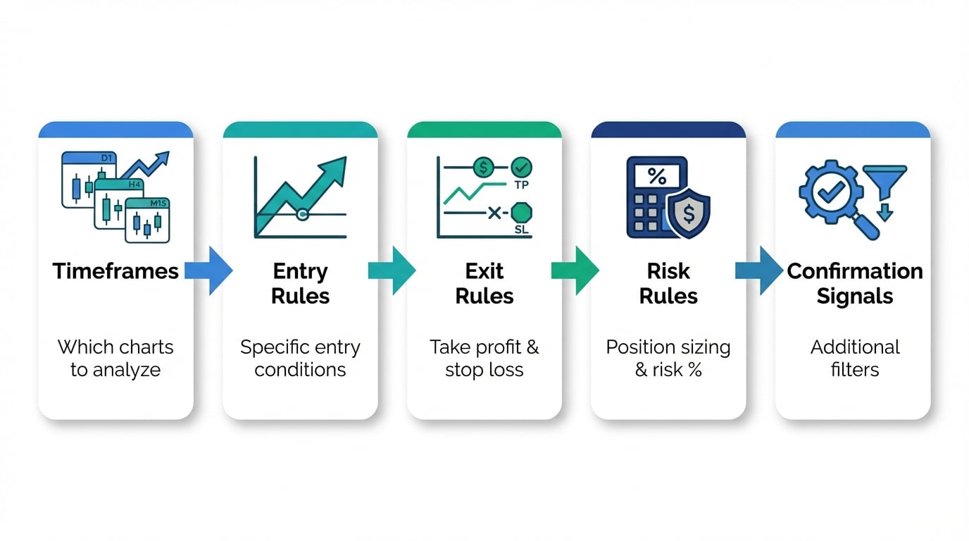 Trading Plan Framework - Five connected components Timeframes, Entry Rules, Exit Rules, Risk Rules, and Confirmation Signals