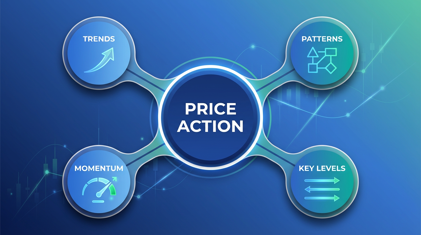 Technical Analysis Concept Diagram - Price Action at center with branches to Trends, Patterns, Momentum, and Key Levels