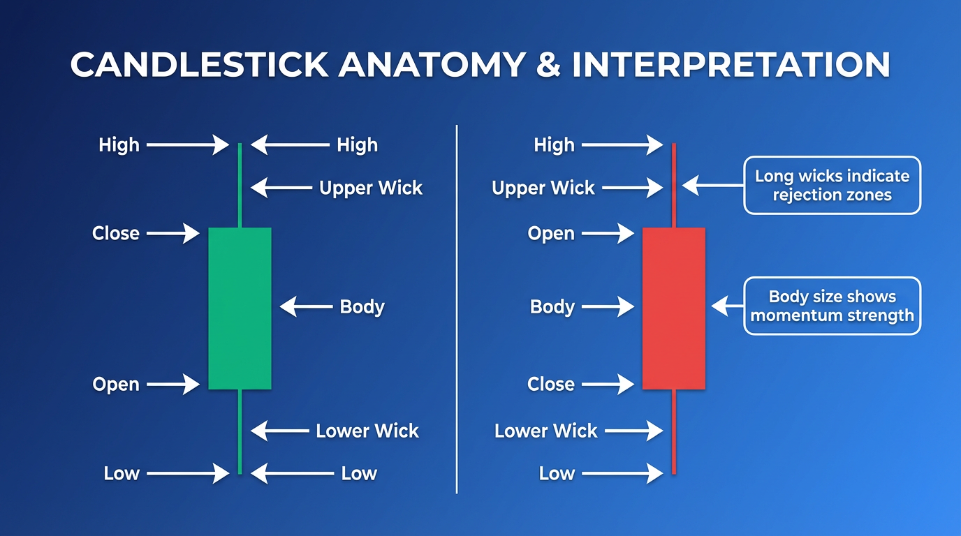 Candlestick Anatomy Diagram - Bullish and Bearish candle structure showing open, close, high, low, body, and wicks