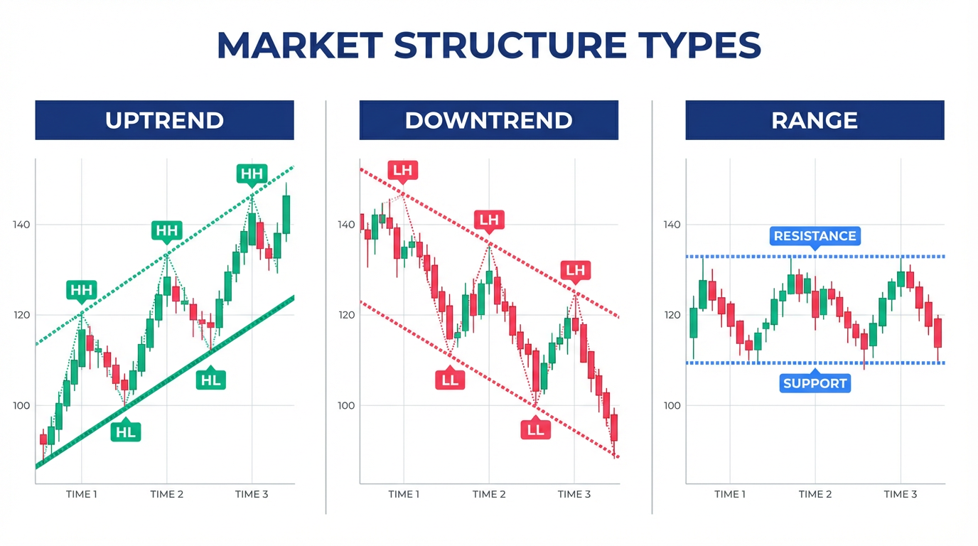 Market Structure Comparison - Uptrend with higher highs and lows, Downtrend with lower highs and lows, and Range-bound sideways movement