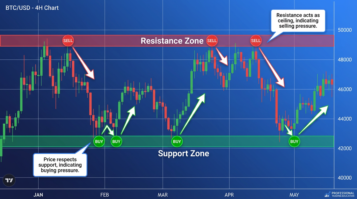 Support and Resistance Zones - Price chart showing horizontal support and resistance levels with bounce points and entry markers