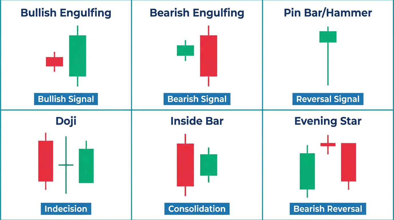 Candlestick Patterns Reference Grid - Engulfing, Pin Bar, Doji, Inside Bar, and Morning Evening Star patterns