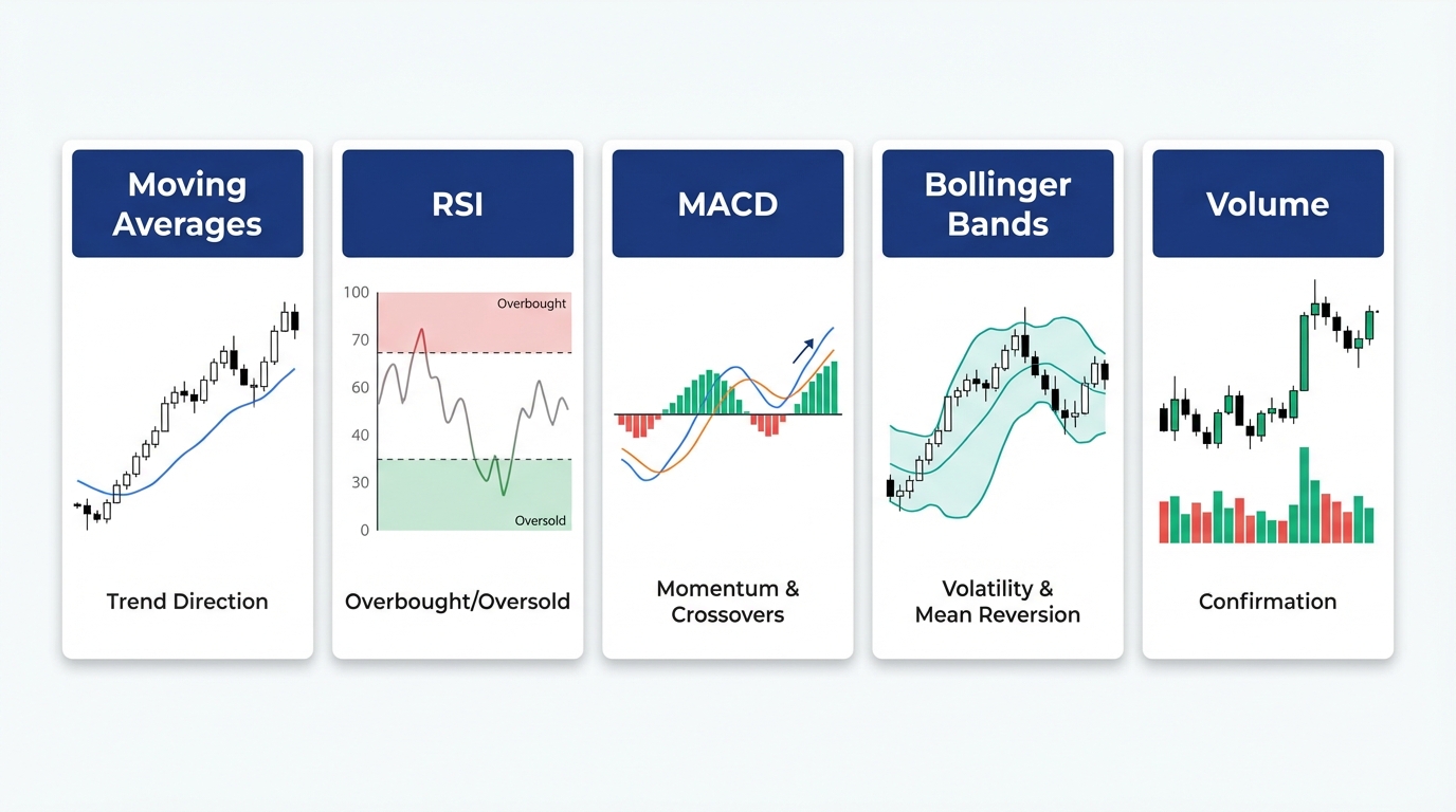 Technical Indicators Overview - Moving Averages, RSI, MACD, Bollinger Bands, and Volume indicators with use cases