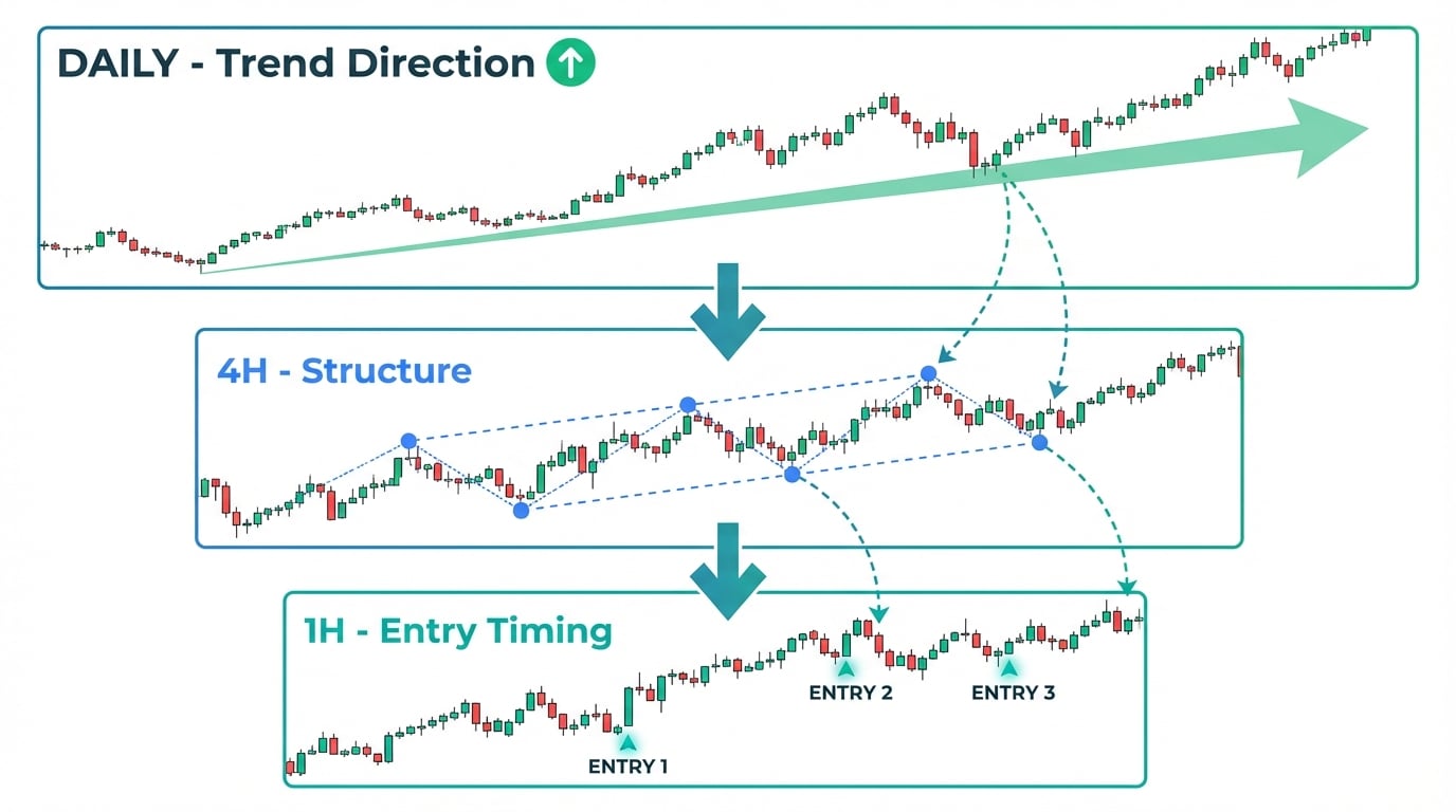 Multi-Timeframe Analysis Diagram - Daily, 4-Hour, and 1-Hour timeframes showing top-down analysis flow