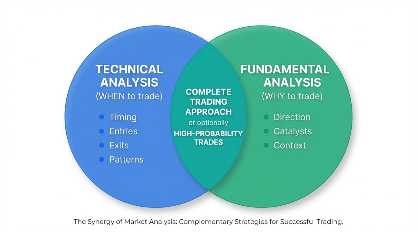Technical vs Fundamental Analysis Venn Diagram - Showing how both approaches combine for a complete trading methodology