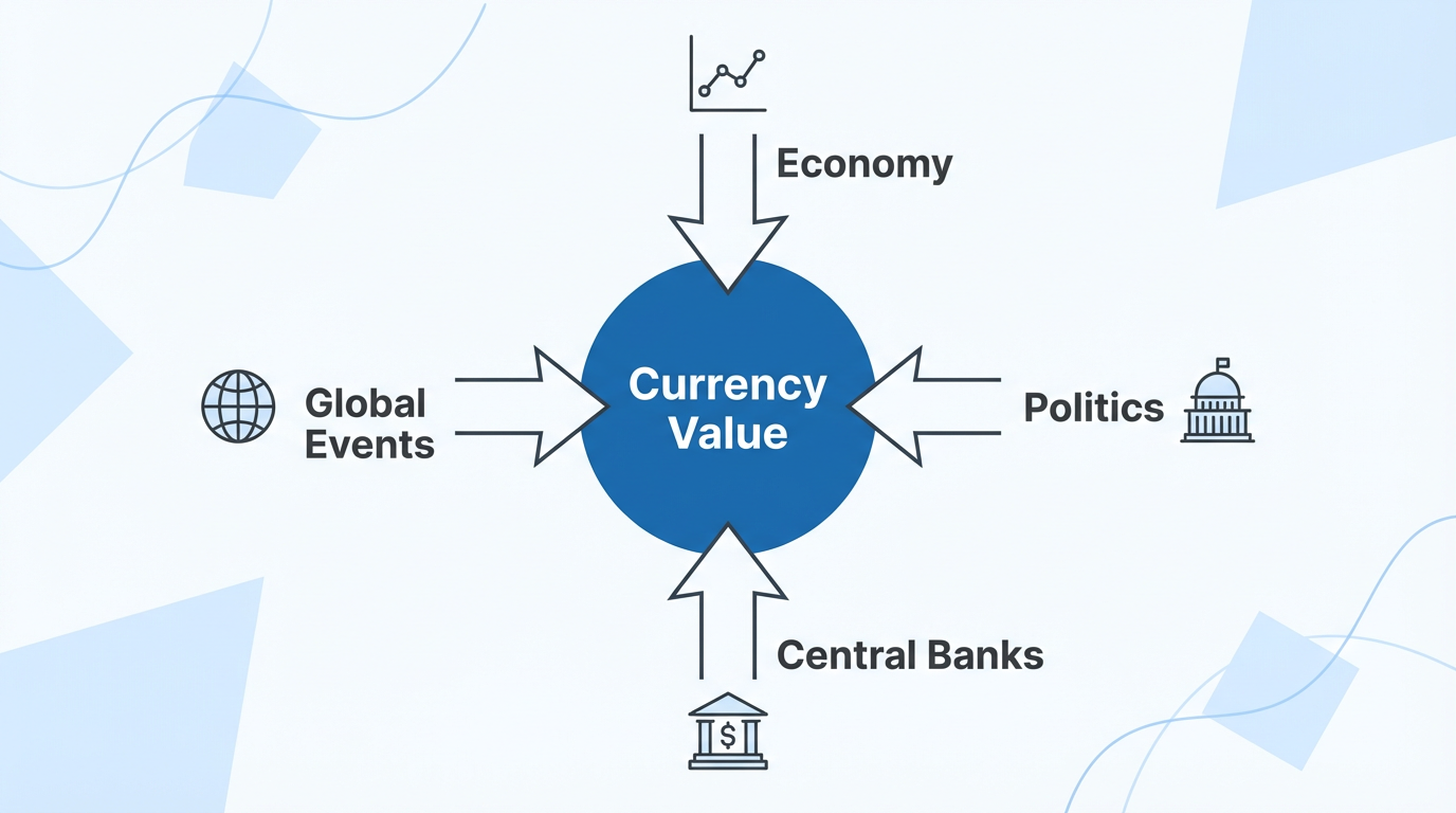 Fundamental Analysis Concept - Currency value influenced by economic, political, central bank, and global forces