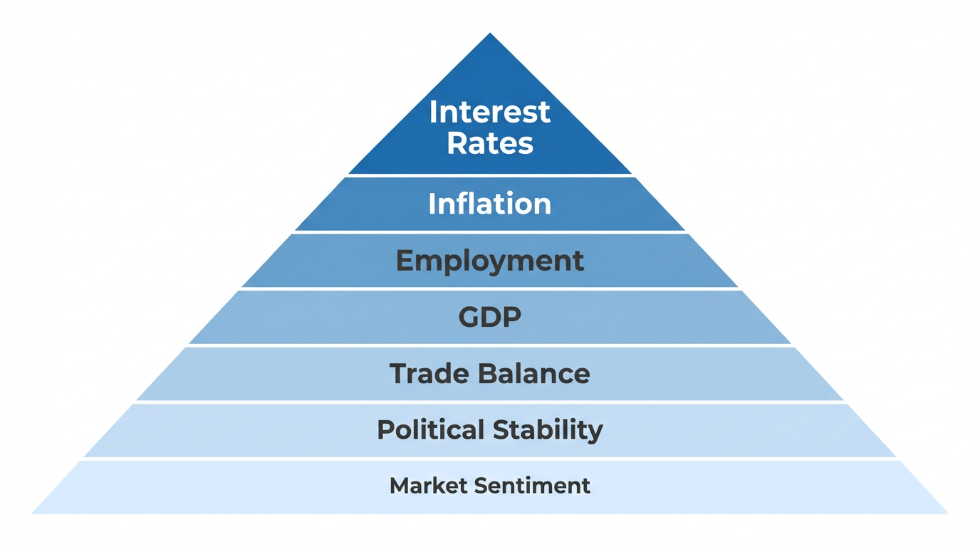 Core Drivers of Currency Prices - Pyramid hierarchy from Interest Rates to Market Sentiment