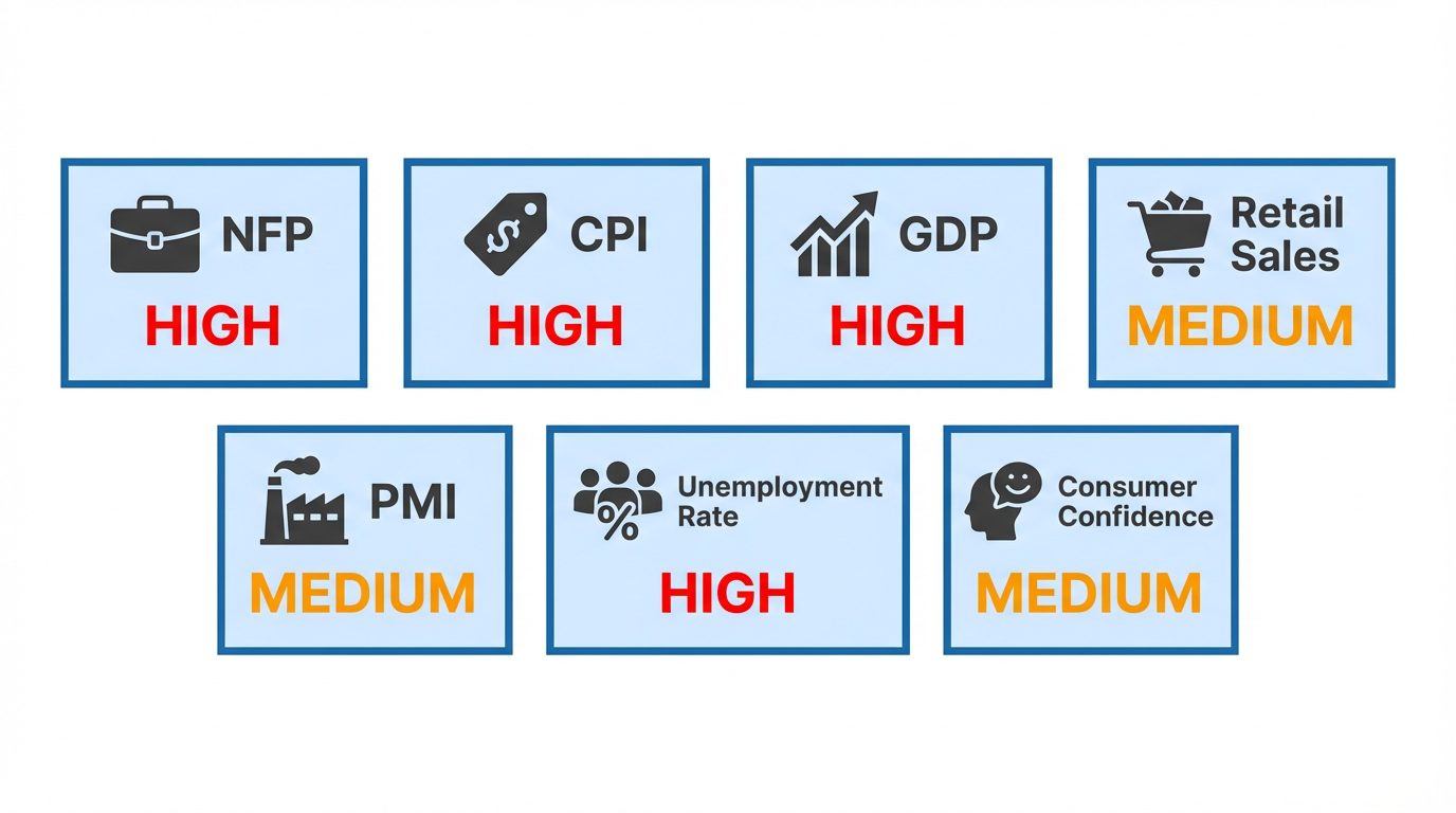 Economic Indicators Grid - Key indicators NFP, CPI, GDP with impact levels
