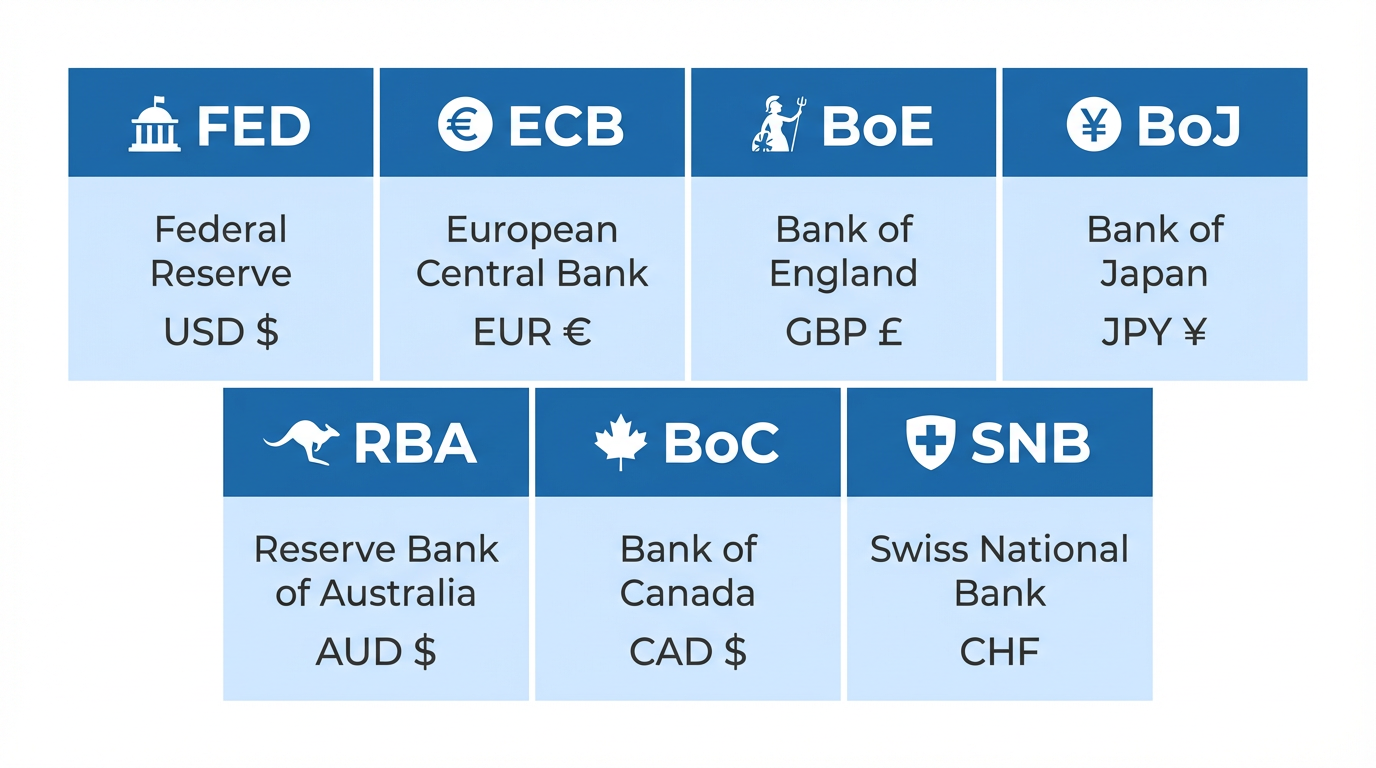 Major Central Banks - Fed, ECB, BoE, BoJ, RBA, BoC, SNB with currency symbols