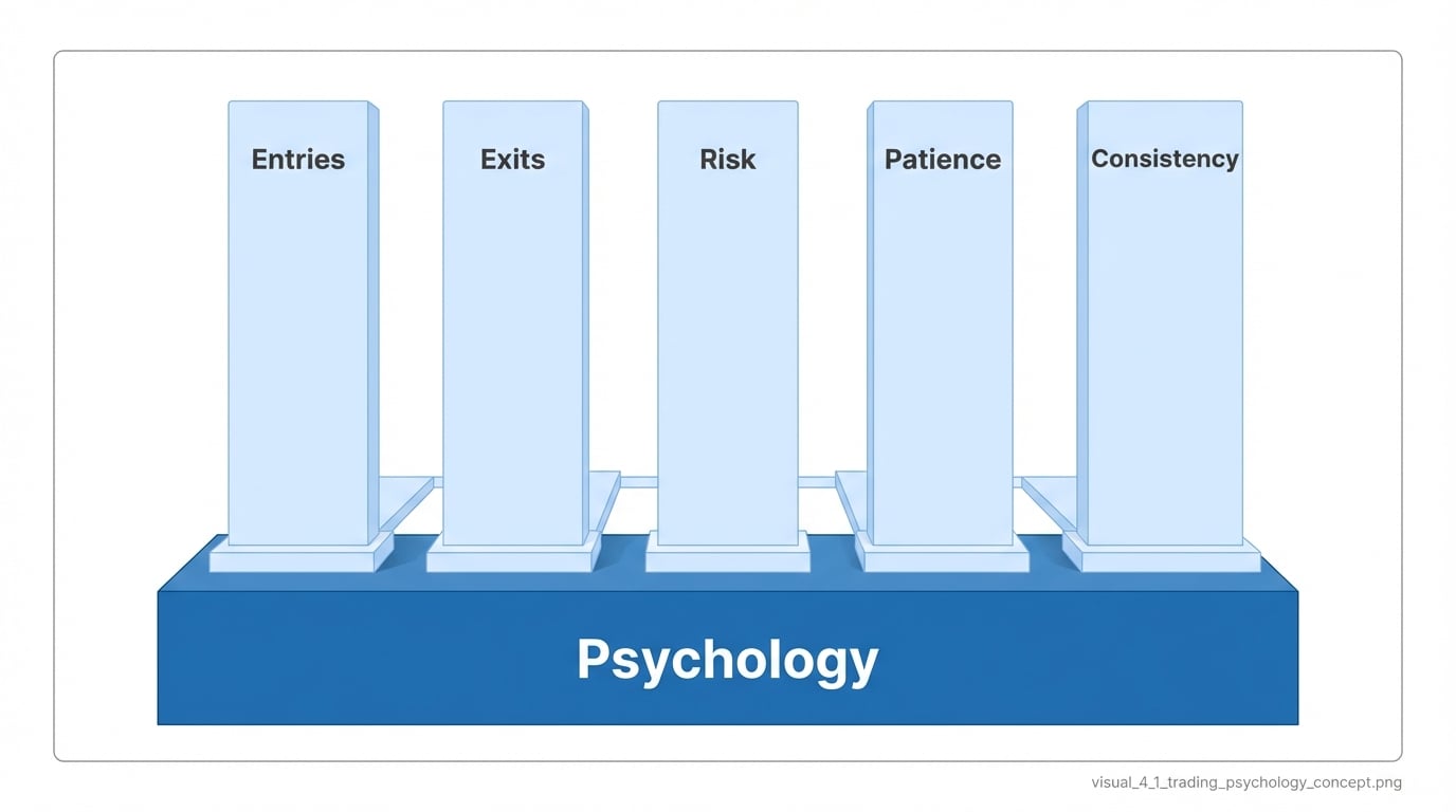 Trading Psychology Concept Diagram - Psychology as the foundation supporting Entries, Exits, Risk, Patience, and Consistency