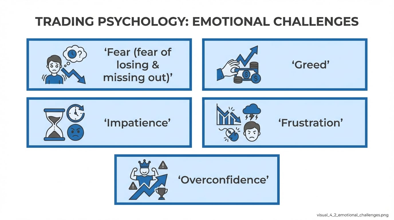 Common Trading Emotions - Fear, Greed, Impatience, Frustration, and Overconfidence emotion cards