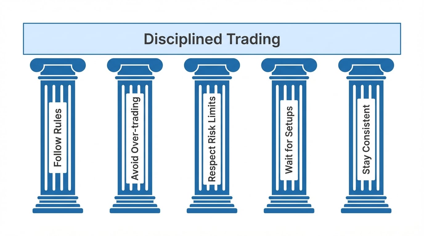 Five Pillars of Trading Discipline - Follow Rules, Avoid Over-trading, Respect Risk Limits, Wait for Setups, Stay Consistent