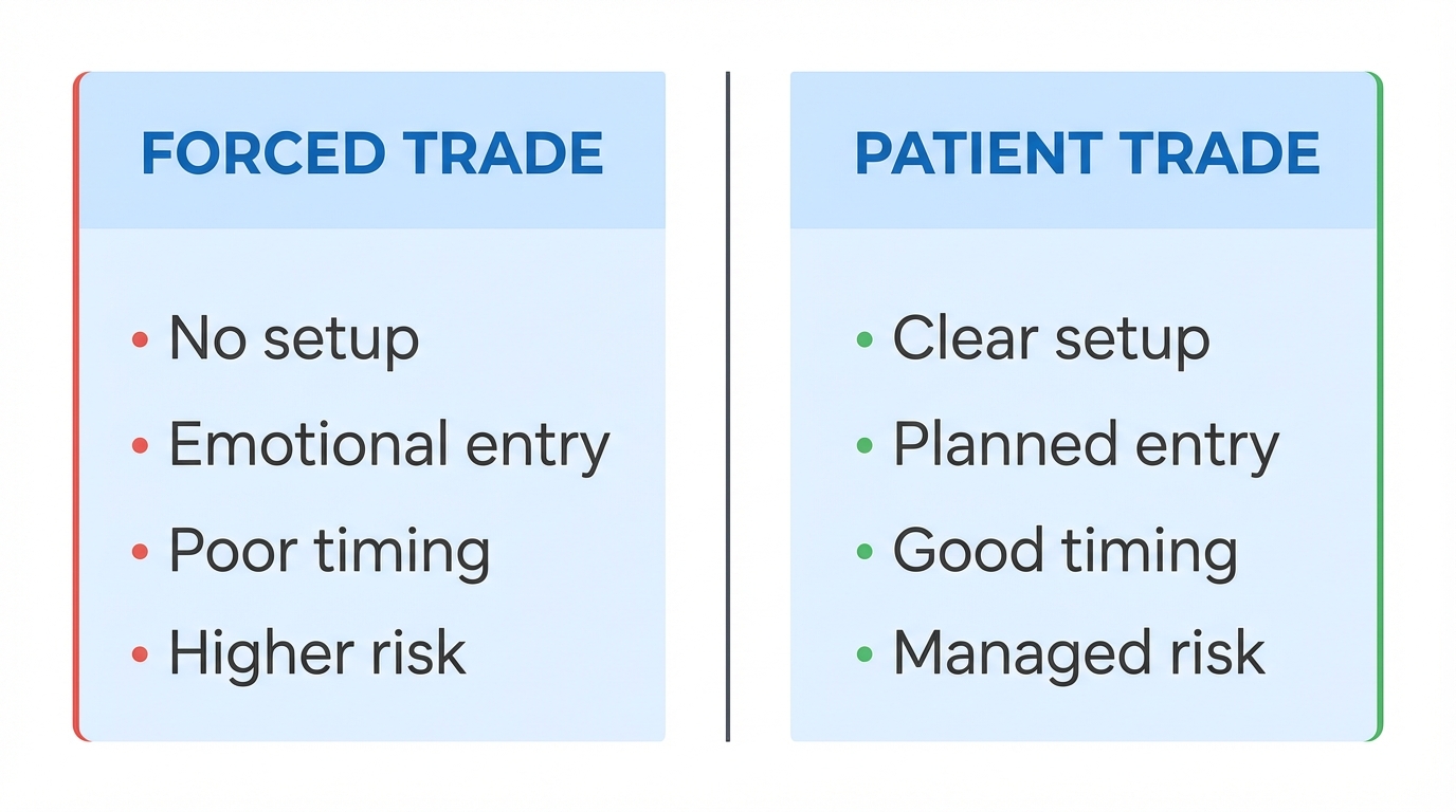 Forced Trade vs Patient Trade Comparison - Contrasting negative and positive trading outcomes