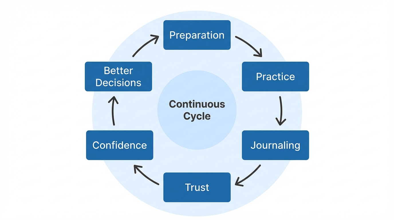 Confidence Building Cycle - Preparation, Practice, Journaling, Trust, Confidence, Better Decisions