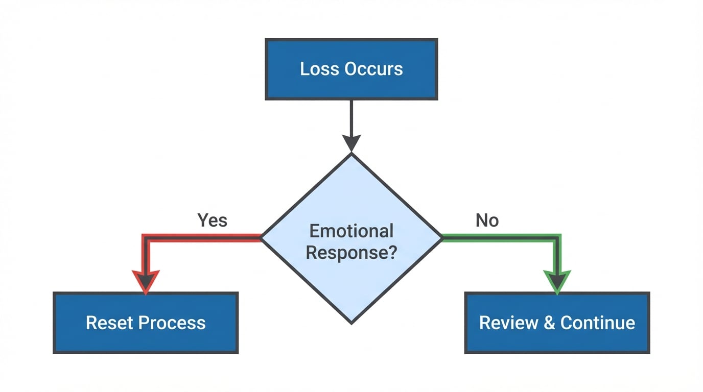 Loss Response Flowchart - Decision tree for managing trading losses emotionally and procedurally