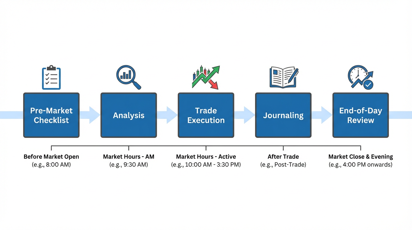 Daily Trading Routine Timeline - Pre-Market Checklist, Analysis, Trade Execution, Journaling, End-of-Day Review