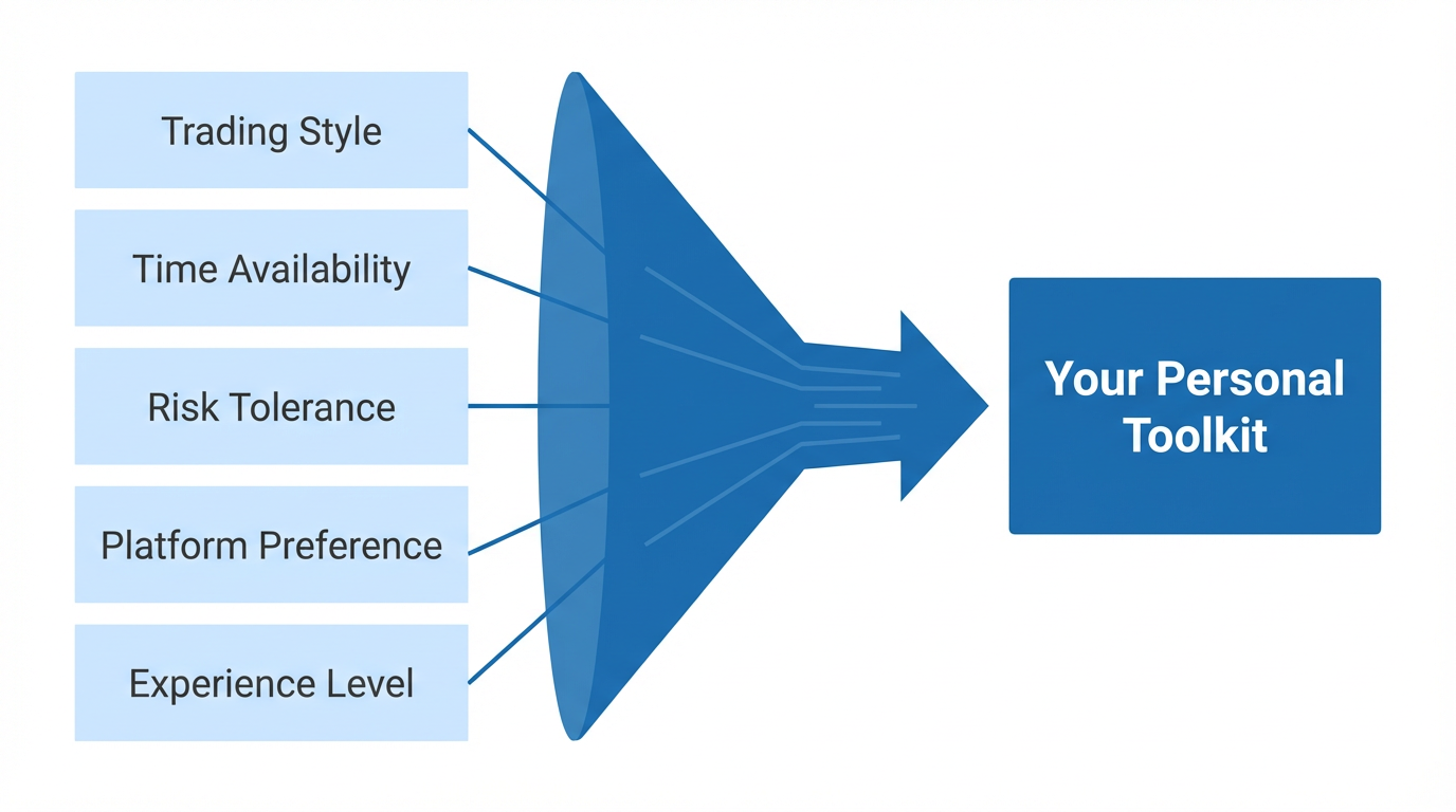 Toolkit selection framework showing trading style, time availability, risk tolerance, platform preference, and experience level factors