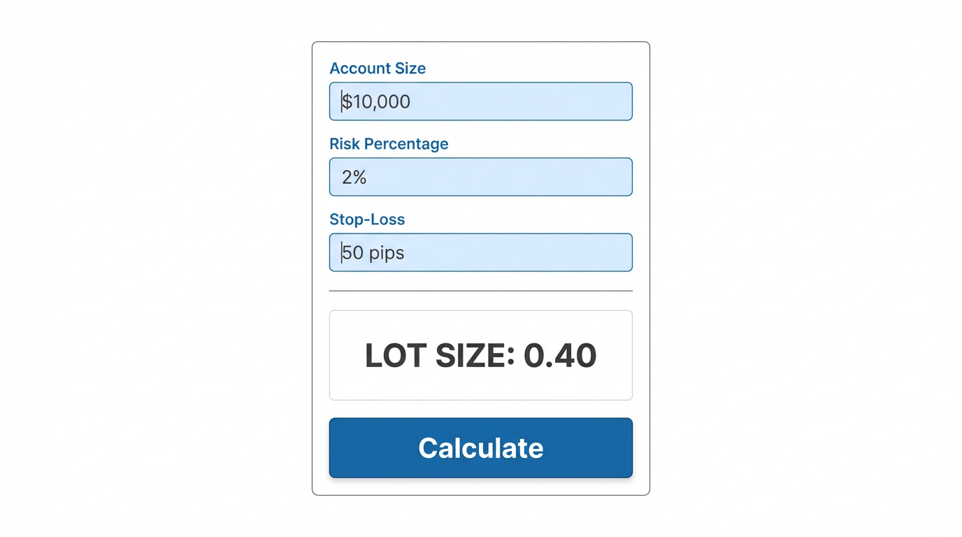 Position size calculator interface showing account size, risk percentage, stop-loss inputs and lot size output