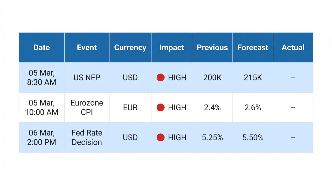 Economic calendar sample showing dates, events, currencies, impact levels, and previous forecast actual values