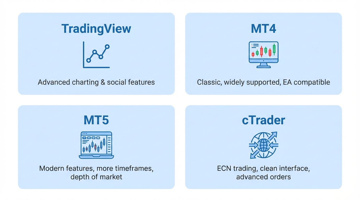 Charting platforms comparison showing TradingView, MT4, MT5, and cTrader with key strengths