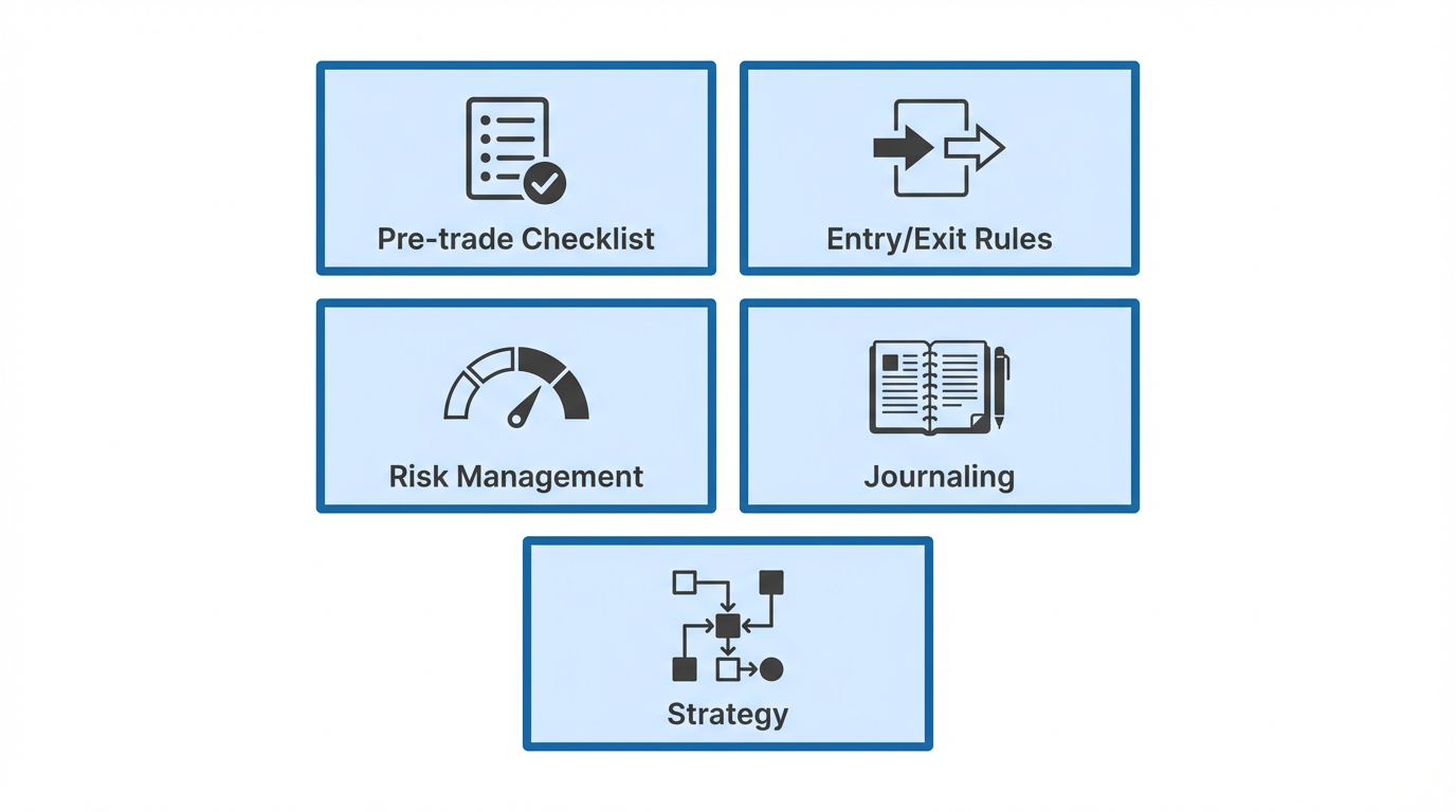 Trading templates grid showing pre-trade checklist, entry exit rules, risk management, journaling, and strategy templates