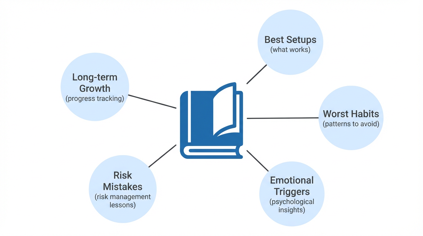 Trading journal benefits diagram showing tracking of best setups, worst habits, emotional triggers, risk mistakes, and long-term growth