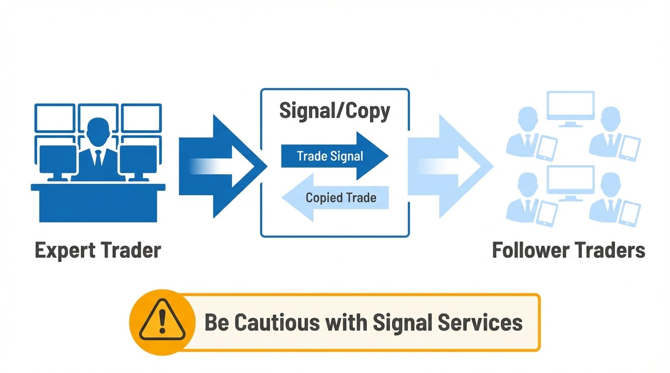 Copy trading flow diagram showing expert trader signals being copied by follower traders with caution note
