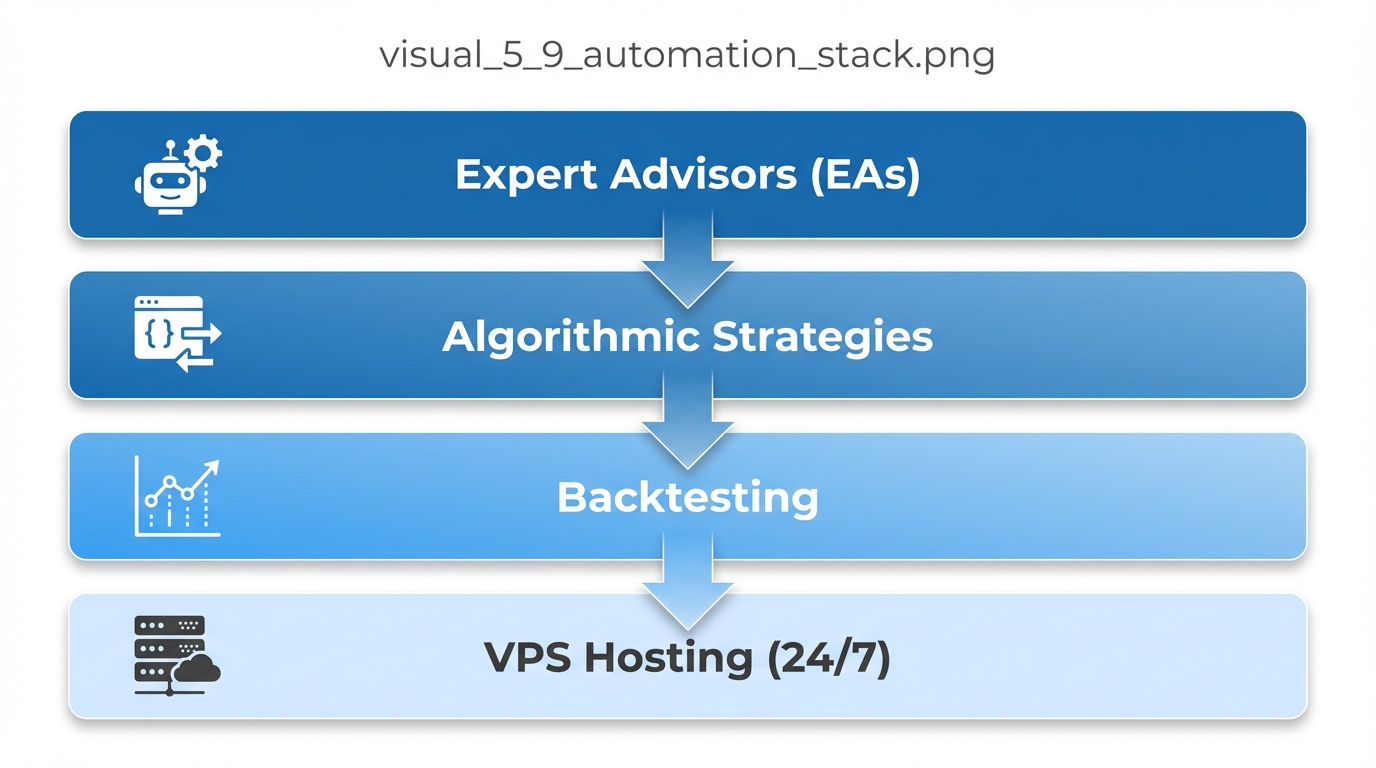 Automation stack diagram showing expert advisors, algorithmic strategies, backtesting, and VPS hosting layers