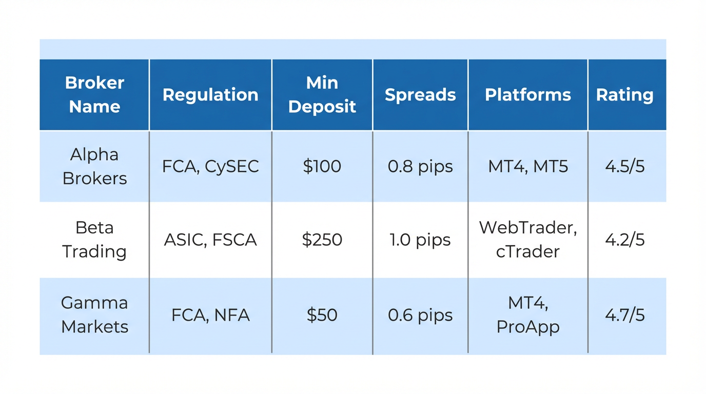 Forex Broker Comparison Table - Compare brokers by regulation, minimum deposit, spreads, trading platforms, and overall rating for informed trading decisions
