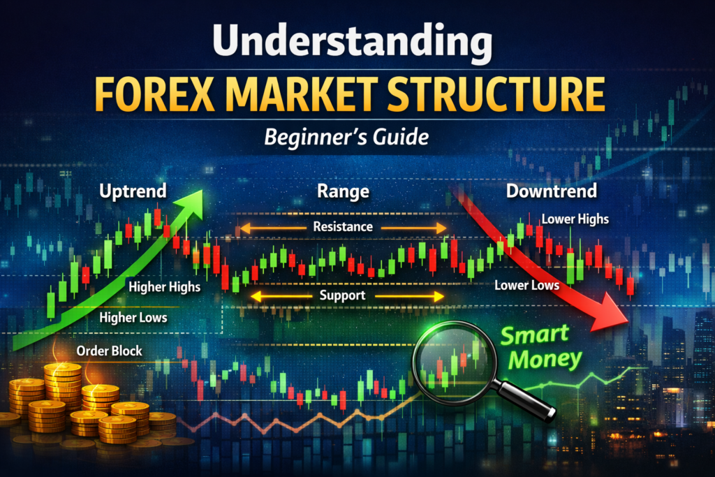 Forex market structure illustration showing uptrend, range, and downtrend with smart money zones.