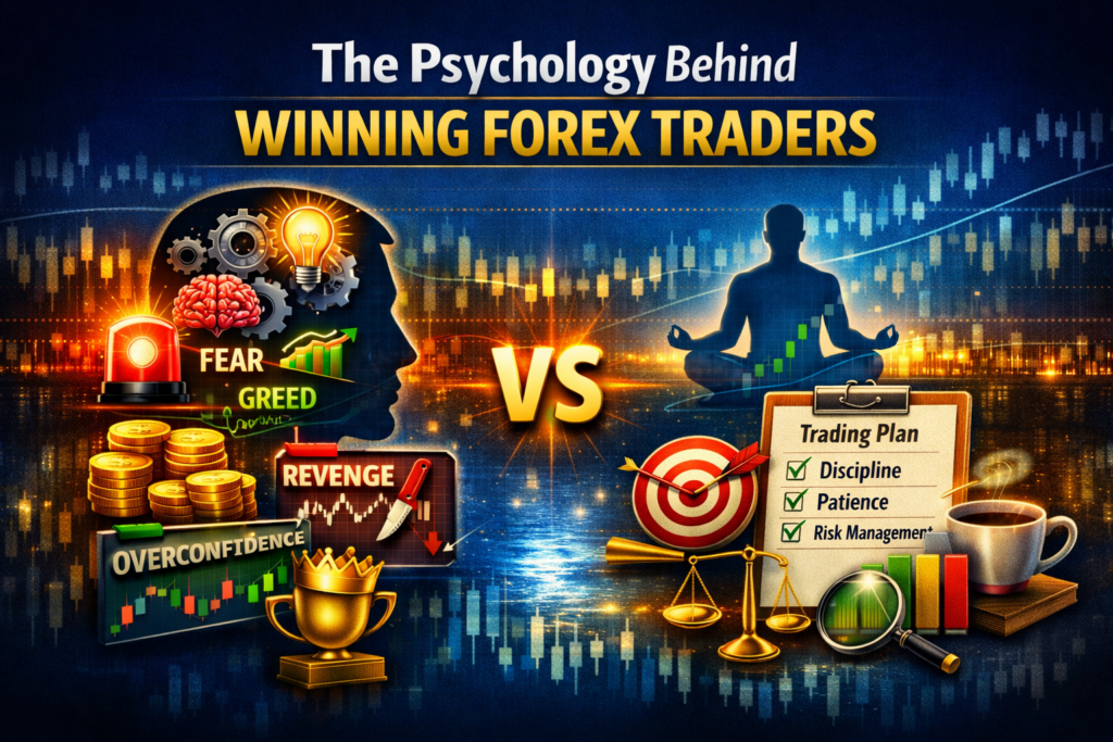 Forex trading psychology illustration showing emotional biases like fear and greed contrasted with discipline, patience, and risk management.