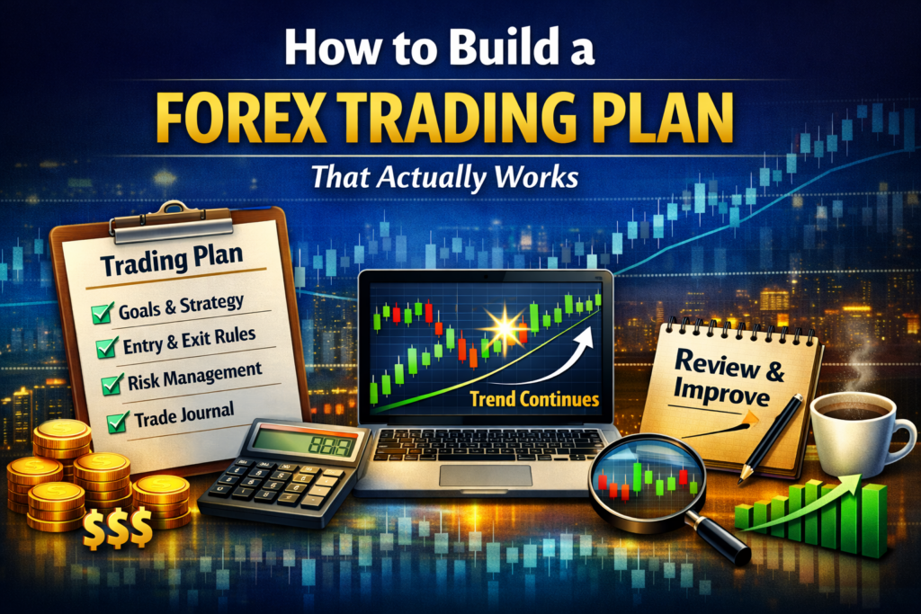Forex trading plan illustration showing checklist, laptop chart, calculator, coins, and notebook labeled “Review & Improve.”